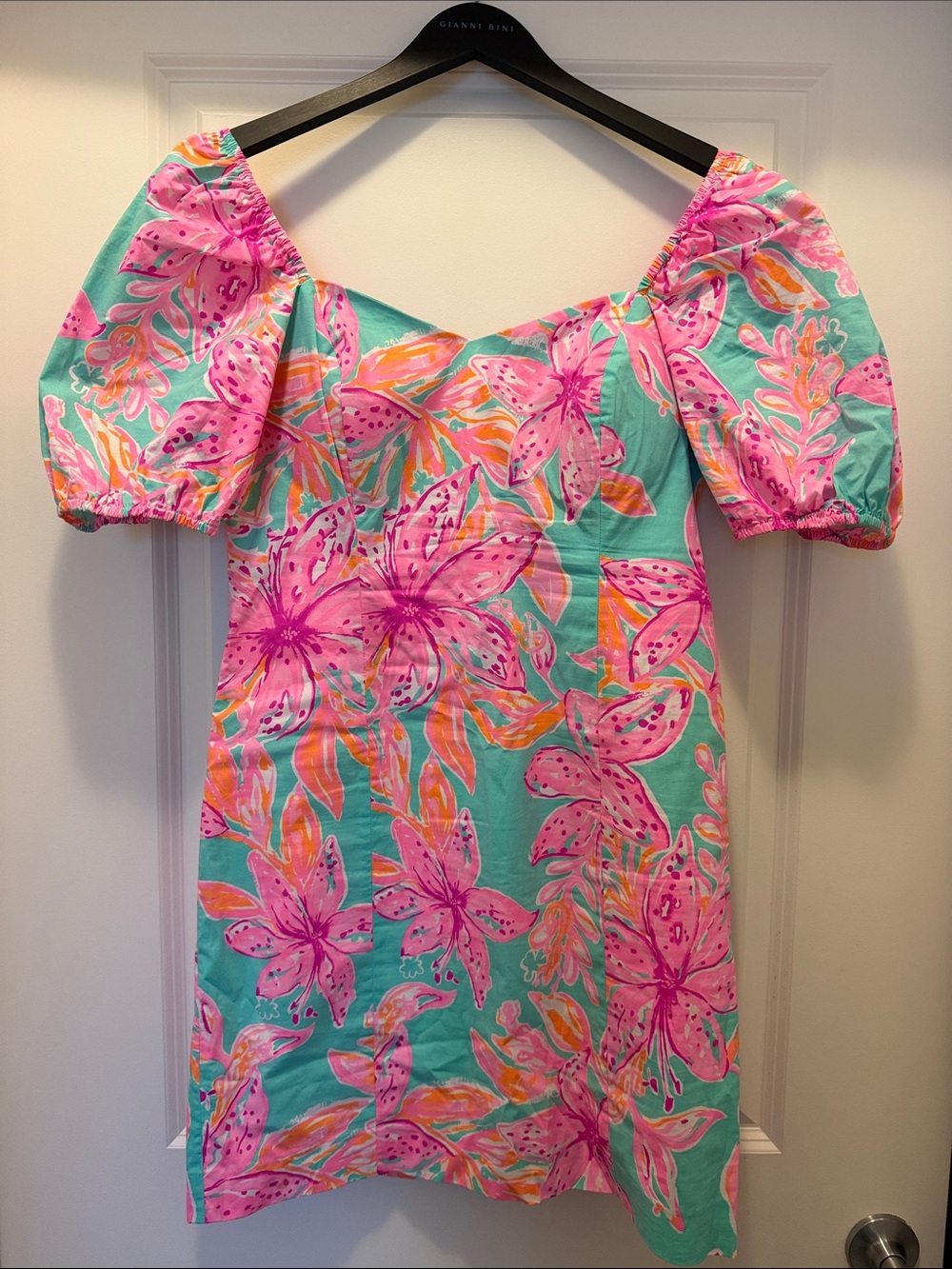 Woman’s Puff-Sleeve Dress in Pink & Teal